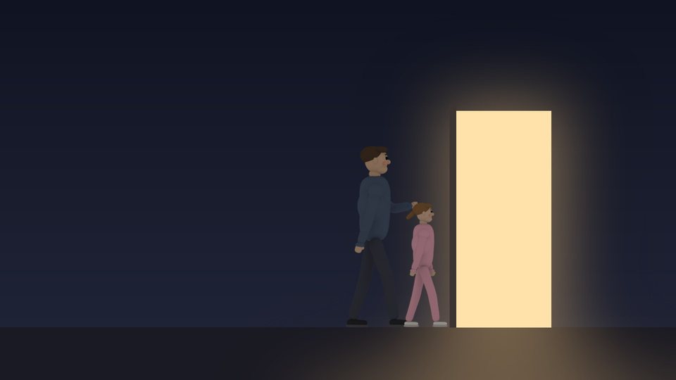 A Dad's Story: en far og hans datter foran en lys dør i mørket
